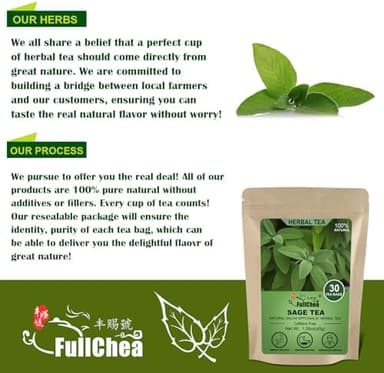FullChea - Sage Tea Bags - 30 Count X 1.5g - Premium Natural Cut & Sifted Sage Leaf - Non-GMO - Caffeine-free - Rich in Antioxidants & Respiratory Support - Image 6