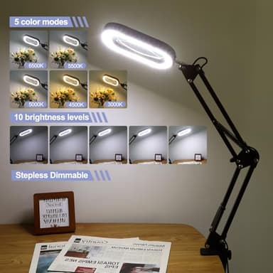 Drdefi 10X Square Magnifying Glass with Light and Stand, Real Glass LED Lighted Magnifier, 5 Color Modes Stepless Dimmable, Hands-Free Mag Desk Lamp with Clamp for Reading Craft Hobby Close Work - Image 2