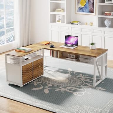 Tribesigns L Shaped Desk with Drawer,63" Executive Computer Desk and lateral File Cabinet, 2 Piece Home Office Furniture for Hanging File, Cabinet with Doors (Walnut, 63-inches) - Image 2
