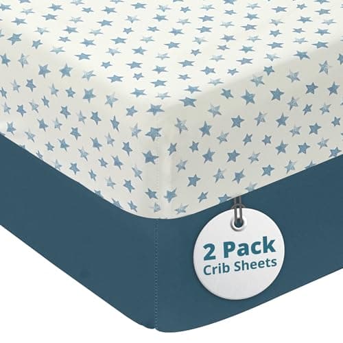 Little Peaches Baby Crib Sheets - Super Soft & Breathable Crib Mattress Sheet, Portable Crib Sheets for Boys, 4 Way Stretch Knitted Fitted Crib Sheet, 2 Pack - Star-Blue & Navy - Image 1