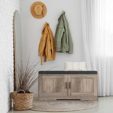 Homleke 2-Tier Storage Bench, Shoe Bench with Thickened Padded Seat Cushion, Entryway Bench with 2 Doors, Adjustable Shelf, 13.8" D x 37.4" W x 18.5" H, for Entryway, Living Room, Bedroom, Greige - Image 8