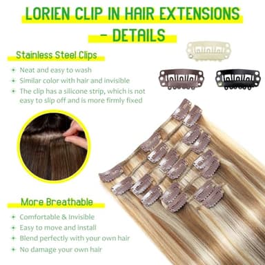 LORIEN Clip in Hair Extensions Real Human Hair, Remy Human Hair Extensions Clip ins for Women, 100% Natural Human Hair, Double Weftm, 24inch 120g 8Pcs, #16/22 Light Blonde to Golden Blonde - Image 2