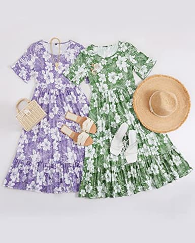 STYLEWORD Women's Summer 2025 Casual Short Sleeve Tiered Flowy Spring Dress Long Midi Beach Sundress Vacation Outfits(Floral15,L) - Image 5