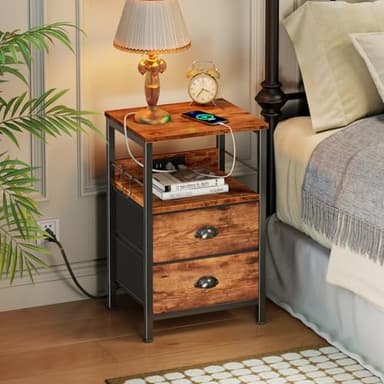 Furologee End Table with Charging Station, Nightstand with Fabric Drawers, Side Table with USB Ports & Outlets, Night Stand with Storage Shelf & Hooks, for Living Room/Bedroom, Rustic Brown - Image 2