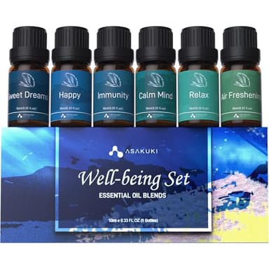 ASAKUKI Essential Oil Blends, Essential Oils for Diffusers for Home, Well-Being Kit- Calm Mind, Sweet Dreams, Happy, Relax, Air Freshening, Immunity for Aromatherapy, Humidifiers, Massage, 6x10ml - Image 1