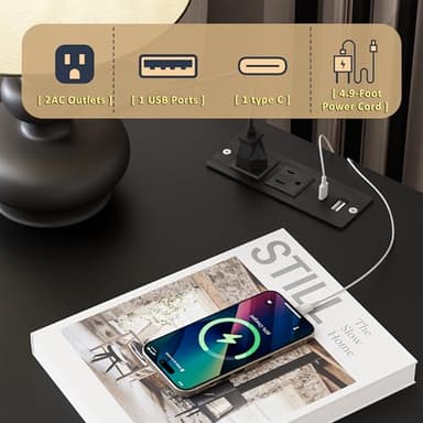 HQZX Black Nightstand Set of 2 with Charging Station, Fluted Nightstand with Drawers, Modern Bedside Table with Gold Legs, End Table for Bedroom - Image 3