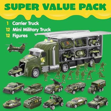 JOYIN 25 in 1 Green Military Big Truck Toys, Army Men Tanks Set with Soldier Men, Mini Battle Car Toy in Carrier Truck with Lights and Sounds, Gifts for Toddler Kids Boys Ages 3+ - Image 2