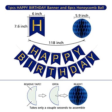 Navy Blue Birthday Decorations with Happy Birthday Banner, Paper Honeycomb Balls, Circle Garland and Hanging Swirl Decorations - Image 3
