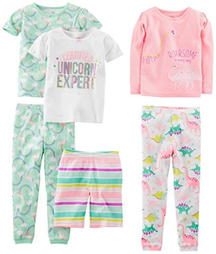 Simple Joys by Carter's Girls' 6-Piece Snug Fit Cotton Pajama Set, Mint Green Rainbow/Pink/White Dinosaur/Stripe/Unicorn, 3T - Image 1