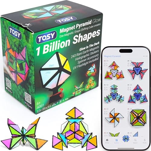TOSY Magnet Pyramid Glow - 1 Cube Transforms into 1 Billion Shapes, 12 Pieces, 243 Rare Earth Magnets, Glowing, Holographic Design Magnet Tiles Creative Puzzle STEM/STEAM Toy - Image 1