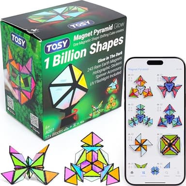TOSY Magnet Pyramid Glow - 1 Cube Transforms into 1 Billion Shapes, 12 Pieces, 243 Rare Earth Magnets, Glowing, Holographic Design Magnet Tiles Creative Puzzle STEM/STEAM Toy - Image 1