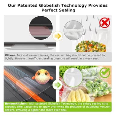 Bonsenkitchen Vacuum Sealer Machine, Globefish Technology for Perfect Vacuum Sealing, Powerful Low-Noise Food Vacuum Sealer with Easy Handle Design, Built-in Cutter and Bag Storage, 2 Bag Rolls - Image 7