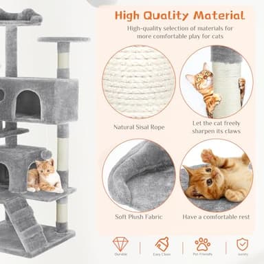 Sweetcrispy 54 Inch Cat Tree Tower, Multi-Level with Cat Scratching Post, Indoor Cat Condo with Climbing Ladder, Plush Toy, Play House for Cat, Light Grey - Image 5