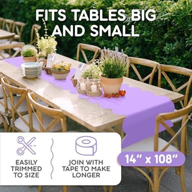 Lavender Plastic Disposable Table Runner. 5 Pack 14 x 108 inch. Scallop Table Runner Adds A Pop of Color to Your Party Table, by Swanoo - Image 4
