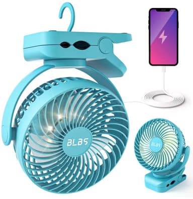 BLBS Clip on Fan 65Hrs Camping Fan with LED Light, 12000mAh Battery Operated Fans & PortableFan Rechargeable, Small Desk Fans USB TravelFan for Tent Camping Golf Stroller, Blue - Image 1