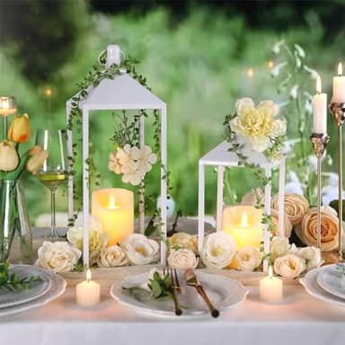 MATAHUM 2pcs Wedding Lanterns Decorative with LED Flameless Candle - White Vintage Farmhouse Metal Decorative Candle Lanterns for Wedding, Fireplace, Table Centerpiece, Indoor, Room, Valentine Decor - Image 3