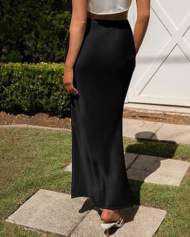 Outoshe Women's Satin High Waisted Maxi Skirts Hidden Elasticized Waistband A Line Long Skirt Black - Image 2