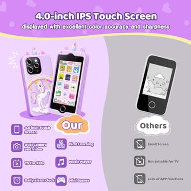 Kids Smart Phone for Girls, 4.0" Touchscreen Learning Music Puzzle-Games Toddler Phone for Kids Ages 3-6, Dual Camera，Built-in 8G SD Card Toy, Birthday Gifts for Kids Cell Phone Toy, Purple - Image 4