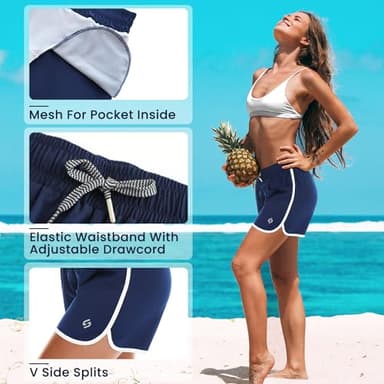 HODOSPORTS Women's 4" Swim Shorts with Liner Pockets Quick Dry Board Shorts Swimsuit Bottom Navy M - Image 5