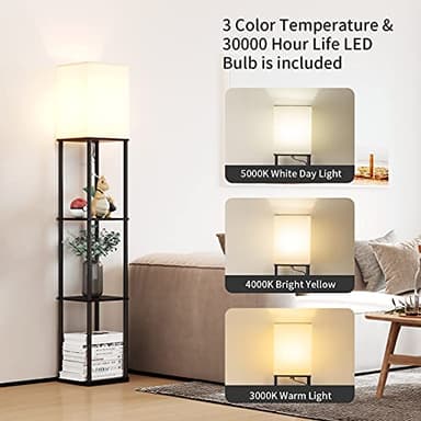SUNMORY Floor Lamp with Shelves, Modern Square Standing Lamp with 3 Color Temperature Bulb, Corner Display Bookshelf Lamp for Living Room and Bedroom(Black) - Image 2