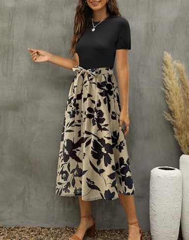 Zattcas Women 2025 Summer Dress Short Sleeve Ribbed Teacher Church Modest Business Casual Work Outfits Midi Dress with Pockets Blacktaupe XS - Image 4