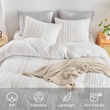 WARMDERN White Boho Duvet Cover Set, Striped Textured Tufted Bedding, Twin Size Washed Microfiber Duvet with Zipper Closure & Corner Ties - Image 3