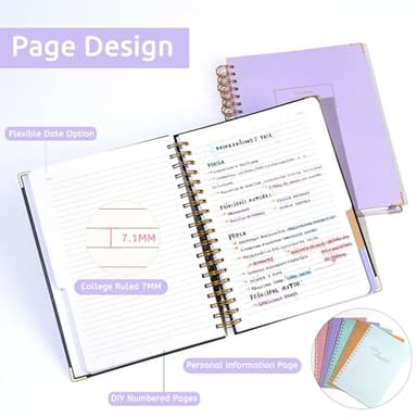 Hardcover Spiral Notebook with Tabs 8"x10" Large Spiral Lined Journals for Women with Dividers 240 Pages College Ruled Composition Notebook 5 Subject Notebook for Work, Back to School, Gifts, Purple - Image 6