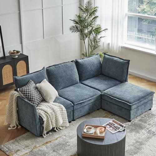 HULALA HOME 97'' Modular Sectional Sofa, L Shaped Couch with Storage Ottoman, Comfy Chenille Sofa with Deep Seat, 4 Seat Convertible Sectional Couches for Living Room, Blue - Image 1