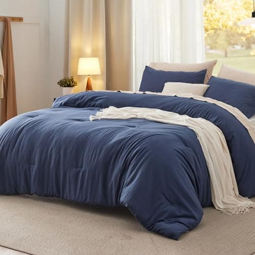 Bedsure California King Size Comforter Set, Navy Soft Prewashed Bedding for All Seasons, 3 Pieces GentleSoft™ Down Alternative Bed Set, 1 Lightweight Comforter (104"x96") and 2 Pillowcases (20"x36") - Image 1