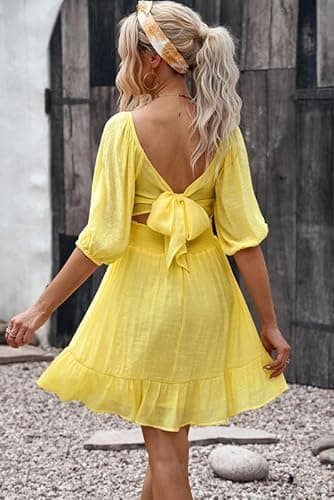 Dokotoo Womens Yellow Sexy Dress Square Neck Shirred Elastic Waist Lantern Sleeve Ruffle Tie Back A-Line Mini Dress Casual Summer Dresses for Women Large - Image 4