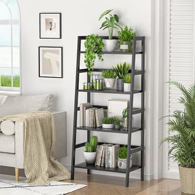 Homykic Bamboo Bookshelf 4-Tier Ladder Shelf, 49.2” Freestanding Open Bookcase Book Shelf Bathroom Storage Shelf Unit Plant Stand for Small Space, Living Room, Bedroom, Home Office, Black - Image 2