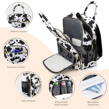 Pritent Diaper Bag Backpack,Baby Essentials Diapers Bag with Pacifier Case,Multipurpose Stylish Large Capacity Travel Backpack for Baby Girl/Boy(L-Cow Print) - Image 3