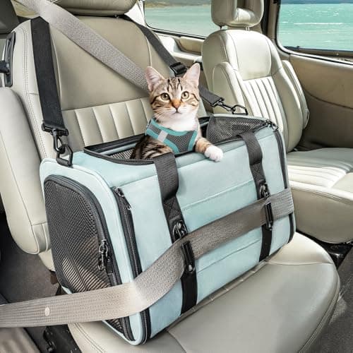 PETSFIT Soft-Sided Cat Carriers & Car Seats with Patent Safe Buckles, Clip-On Harness，18"x11"x11" Airline Approved Pet Carrier - 9 lbs Capacity (Cyan Blue) - Image 1
