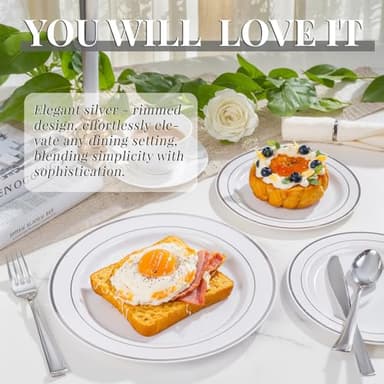 WDF Partyware 350 Pcs Silver Plastic Plates - Silver Dinnerware Set of 50 Dinner Plates 50 Dessert Plates 50 Silverware 50 Napkins 50 Cups for Party&Wedding - Image 5