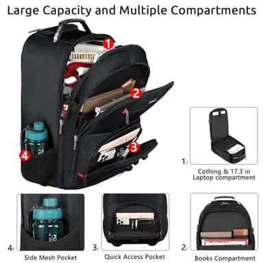 ZOMFELT Rolling Backpack, Travel Backpack with Wheels, Carry on Backpacks with 3 Packing Cubes, 17.3 Inch Wheeled Laptop Backpack for Men Women Adults to Travel Work Business Black - Image 3