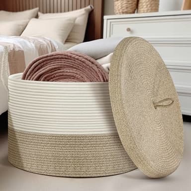 Noonkty Blanket Basket with Lid - Large Toy Basket for Baby 21.7" x 13.8" Woven Baskets Blanket Storage for Living Room Bedroom, Cotton Rope Laundry Baskets for Towels Pillow, White & Brown - Image 4