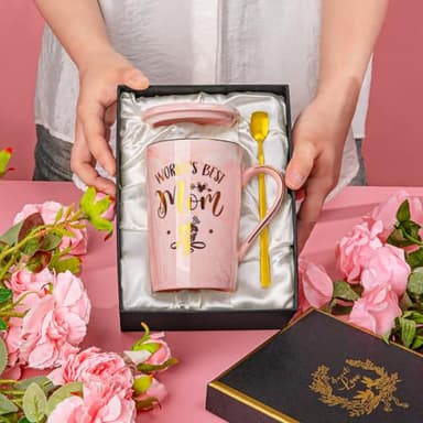 Birthday Gifts for Mom from Daughter Son Kids - Funny Birthday Gift Ideas for Mothers Wife Women - 14Oz Marble Ceramic Best Mom Coffee Mug with Lid Spoon Card, Box, Unique Moms Cup Gifts-Boxed Set - Image 3
