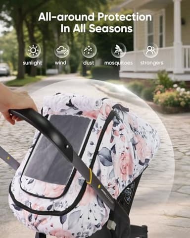 Sweetwavet Car Seat Cover Baby Girls, Infant Car Seat Canopy Outdoor, 2 Layers with Mesh and Sun Shade Window for Summer Winter, Easy Access Carseat Covers Snug Fit Baby Stroller - Pink Floral - Image 6