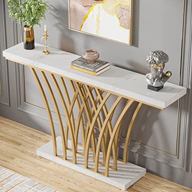 Tribesigns 59 inch Gold Console Table, Modern Entryway Table with Grid-Shaped Metal Base for Entrance, Hallway, Entryway, Living Room(White Faux Marble & Gold) - Image 5