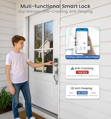Veise VE07-H Fingerprint Smart Locks for Front Door with Handle Set, App Control, Keyless Entry Keypad Deadbolt, Digital Electronic Touchscreen, Easy Install, Auto Lock, Satin Nickel - Image 8