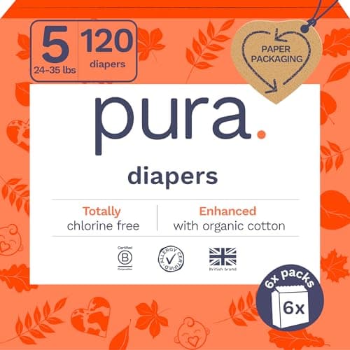 Pura Size 5 Eco-Friendly Diapers (24-35 lbs) Totally Chlorine Free (TCF), Hypoallergenic, Soft Organic Cotton, Sustainable, up to 12 Hours Leak Protection, Allergy UK, 6 Packs of 20 (120 Diapers) - Image 1