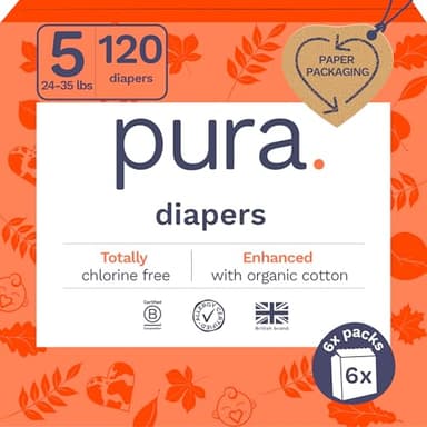Pura Size 5 Eco-Friendly Diapers (24-35 lbs) Totally Chlorine Free (TCF), Hypoallergenic, Soft Organic Cotton, Sustainable, up to 12 Hours Leak Protection, Allergy UK, 6 Packs of 20 (120 Diapers) - Image 1