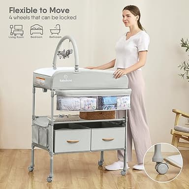 BabyBond Portable Baby Changing Table with 2 Storage Baskets, Foldable Changing Table Dresser Waterproof Diaper Changing Table Height Adjustable Changing Station for Infant and Newborn(Beige) - Image 2