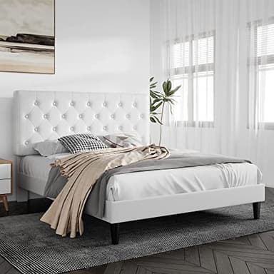SHA CERLIN Full Size Bed Frame with Button Tufted Headboard, Faux Leather Upholstered Mattress Foundation, Platform Bed Frame, Wooden Slat Support, No Box Spring Needed, White - Image 3