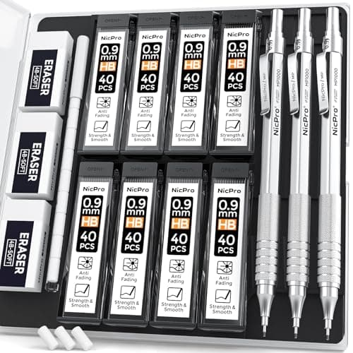 Nicpro 0.9 mm Metal Mechanical Pencil Set with Case, with 3PCS MP1000 0.9mm Drafting Pencil, 8 Tubes HB Lead Refills, 3PCS Eraser, Erasers Refills for Artist Writing, Drawing, Sketching, Silver - Image 1