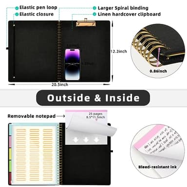 Ospelelf Black Foldable Spiral Clipboard Folio with Storage Zipper Pouch, 5 Plastic Folders with 10 Pockets,Refillable Lined Notepad (11" x 8.5"), Hardcover Project Organizer with 39 Stickers - Image 3