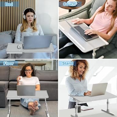 Laptop Bed Desk, X-Large Leather Adjustable Computer Bed Table Tray, Foldable Laptop Lap Desk for Bed Sofa Couch Floor Writing Eating Working with Drawer 2 Movable Stoppers (23.6 inch, Grey) - Image 2