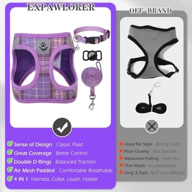 EXPAWLORER Classic Plaid Puppy Harness - Small Dog Harness and Leash Set - Dog Collar and Leash Set with AirTag Holder, Soft Padded Step in Dog Vest Harness No Pull Reflective for Outdoor, Purple M - Image 5
