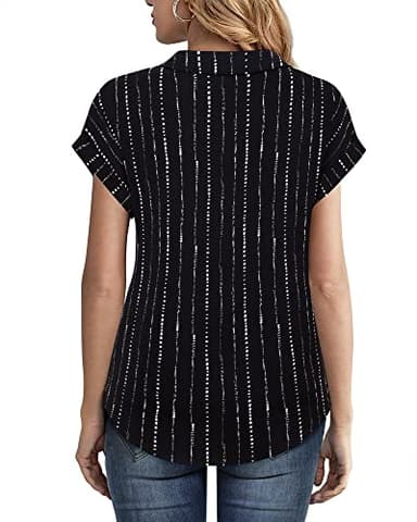 Timeson Ladies Tops and Blouses,Collared V Neck Work Shirts for Women Short Sleeve Business Casual Tops Women Professional Work Clothes Loose Fit Summer Chiffon Tunics Tops Sheer Silk Black Stripe S - Image 4