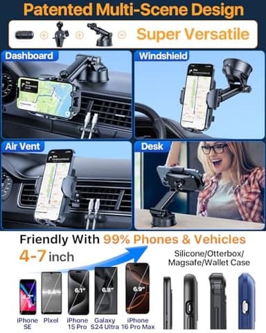 YRU [True Upgrade for Safety] Car Phone Holder Mount [Patent & Military-Grade] Dashboard Cell Phone Holder for Car Vent Windshield Phone Stand for iPhone 17 16 15 14 13 Pro Max Truck Samsung, Black - Image 5